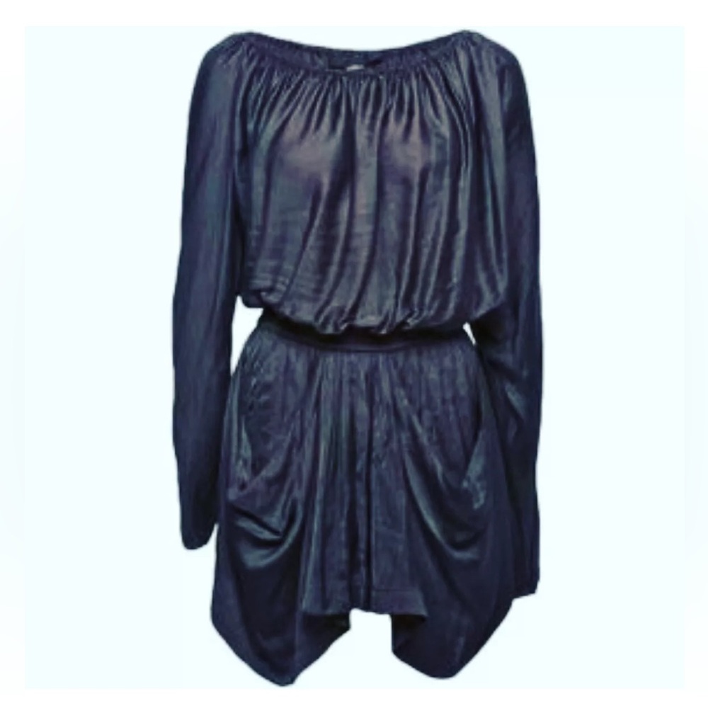 Alexander Wang black long sleeve romper silk off shoulder elastic cinch waist